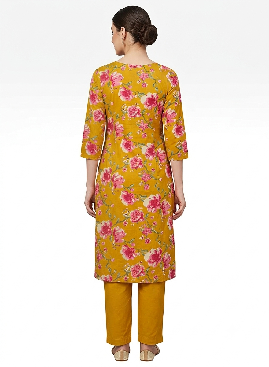 Mustard Yellow Floral Printed Cotton Kurta, Pants with Dupatta - Image 2