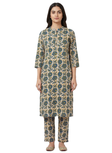 Cream with Blue Printed Cotton Kurta & Pants