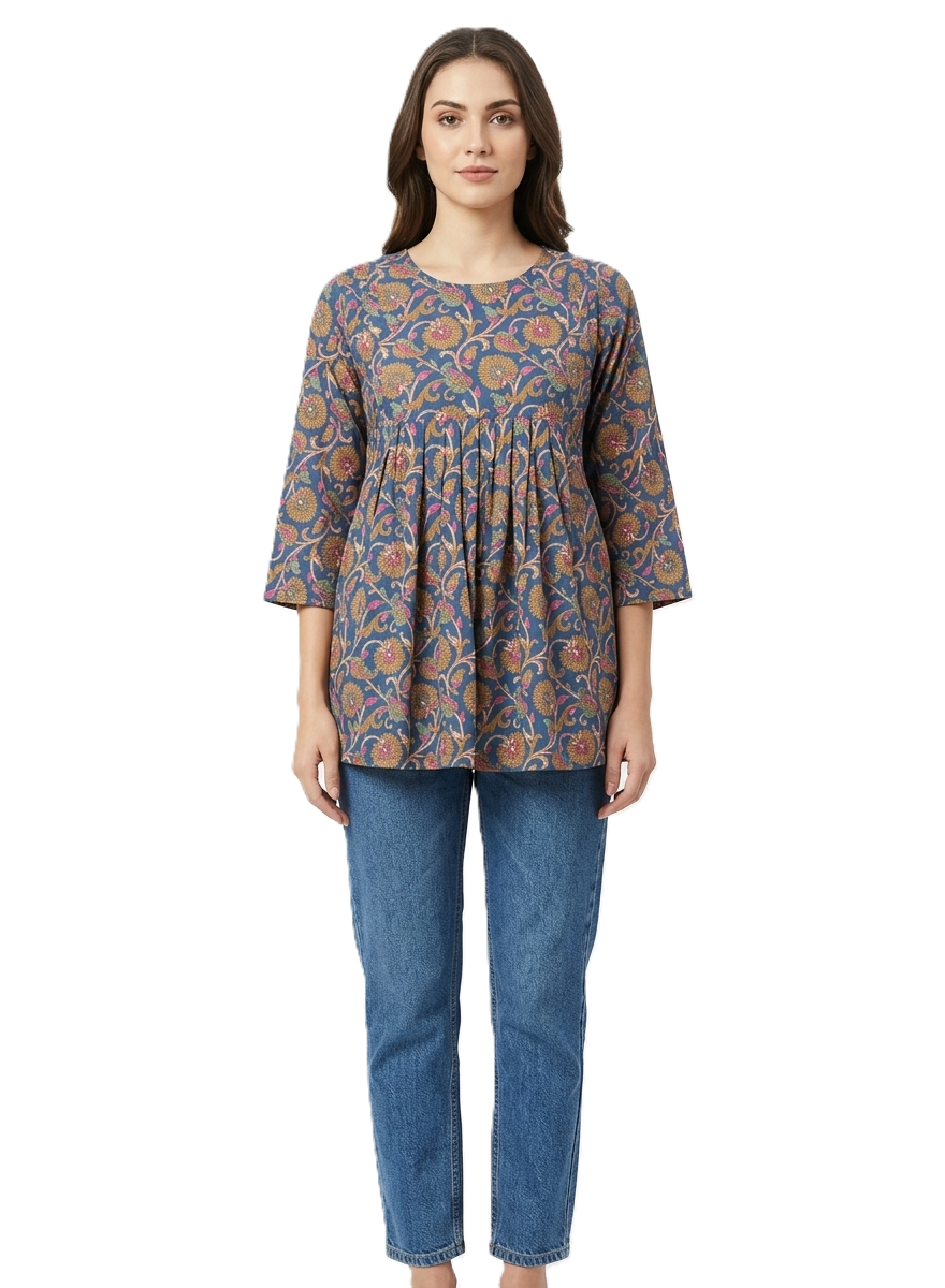 Blue Kalamkari Printed Short Kurti