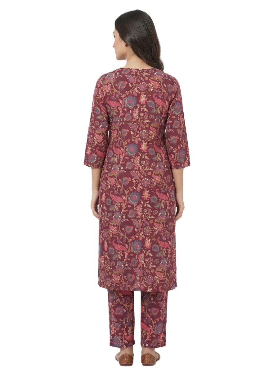 Wine Pink Floral Printed Kurta & Pants - Image 2