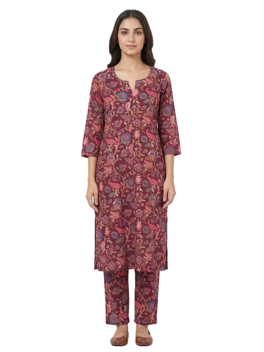 Wine Pink Floral Printed Kurta & Pants